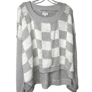 POL Sweater Women Large Gray White Checkered Crochet‎ Knit Oversized Long Sleeve